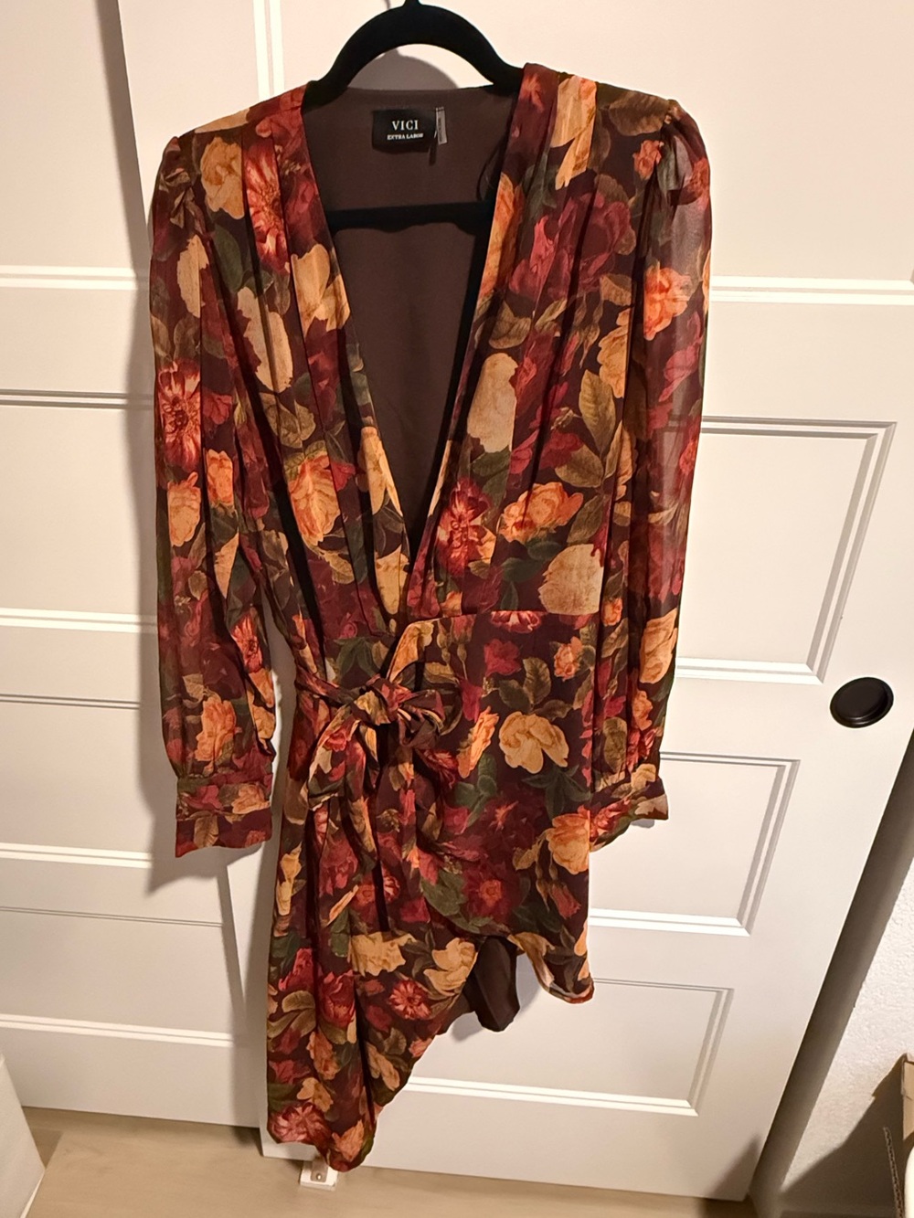 VICI Floral Asymmetrical Wrap Dress in Burgundy, Mustard, Olive